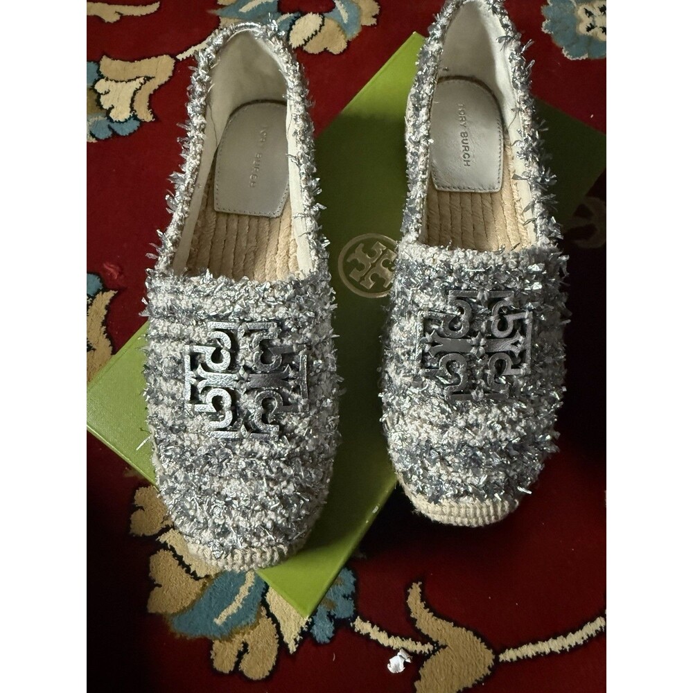 Tory Burch Cut Out Logo Espadrille Foil Jute Twill It Silver Size:6 $325